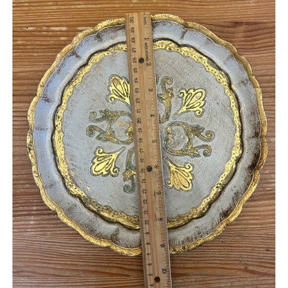 SOLD Vintage Italian Florentine Round Decorative Tray Gold White - Picture 3 of 4